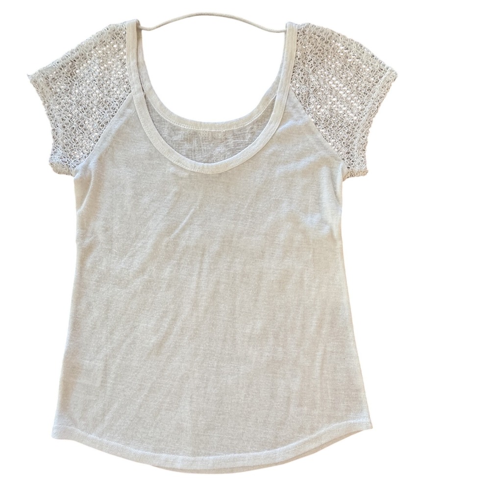 Miss Me Womens Top Size XS Cream Sequin Floral Lace Sleeve Boho Short Sleeve